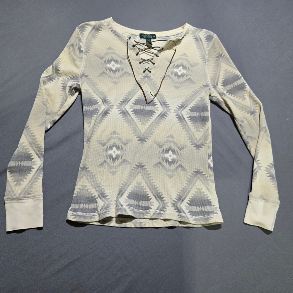 Lauren Jeans Co Ralph Lauren Thermal Top Womens Small Aztec Lace Up Neck cowgirl